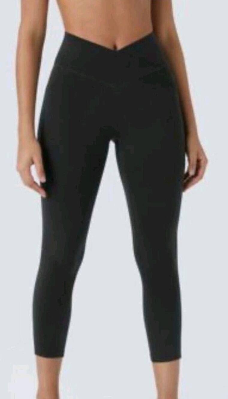 Halara Waffle Knit Crossover High Rise Pockets 7/8 Black Leggings Sz Large NWOT